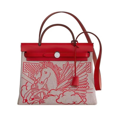 【爆款主推现货】HERMES/爱马仕 Herbag 31 飞马 红色牛皮拼帆布 手提包斜挎包（配HERMES礼品盒）