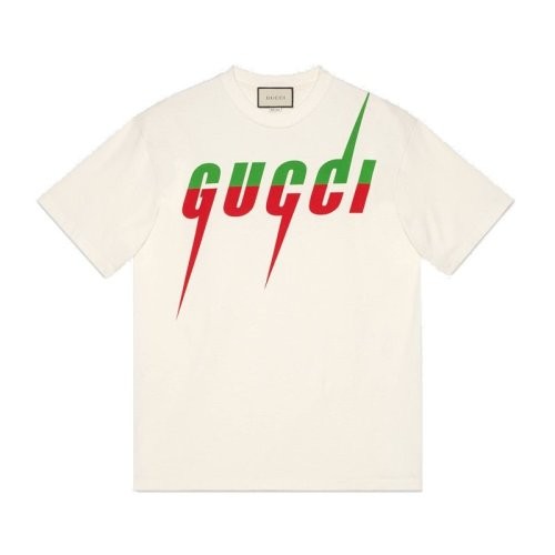 GUCCI/古驰 男士白色纯棉拼色字母锋刃印花短袖T恤 565806 XJAZY 9037