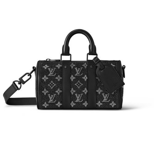 【包税】Louis Vuitton/路易威登 23新款 Keepall 25男士黑色牛皮革/施华洛世奇水晶肩背手提包 M23795(包包)