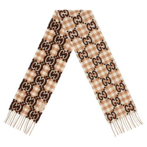 【包税】GUCCI/古驰 22年秋冬新款 儿童款女孩驼色/象牙白色羊毛混纺格纹老花提花围巾6585014KAAL9864（服装）