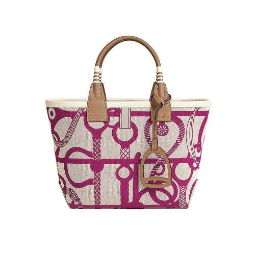 【包税】HERMES/爱马仕24新款 女士米白色帆布粉紫色图案手提包H083621CKAC