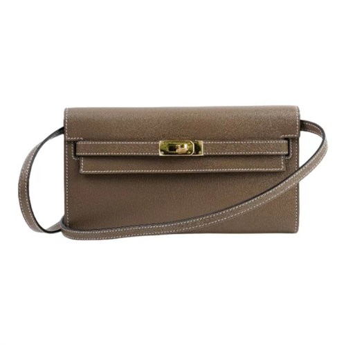 HERMES|爱马仕 kelly To Go Mysore山羊皮 金扣手拿单肩斜挎钱包 女款 18 Etoupe 大象灰